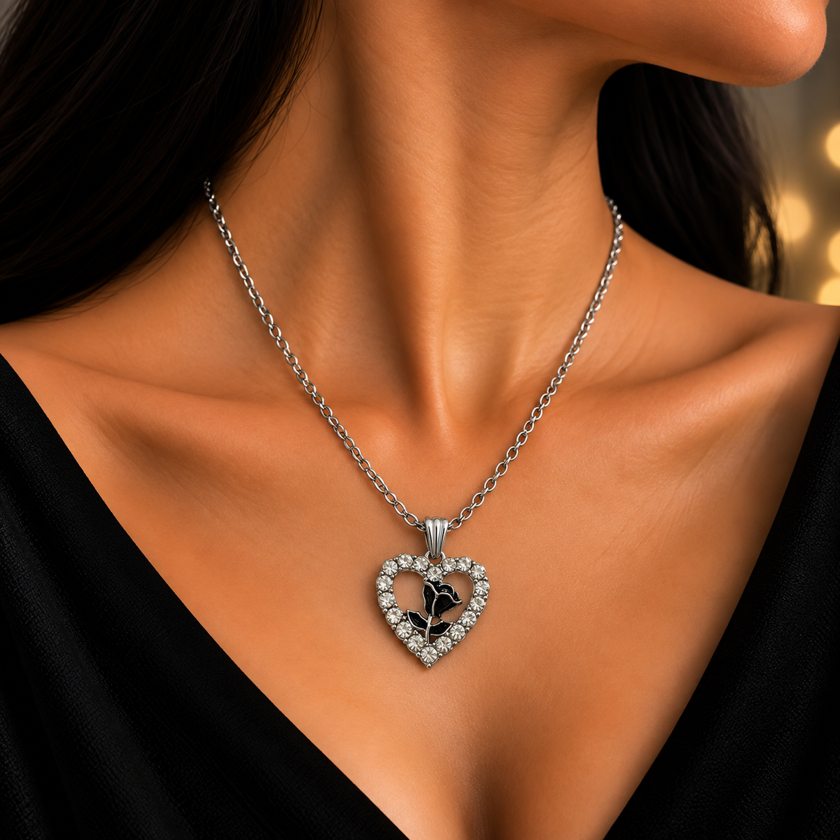 Elegant Heart Rose Charm Chain Pendant for Women | Silver Heart Pendant with Crystal Detailing