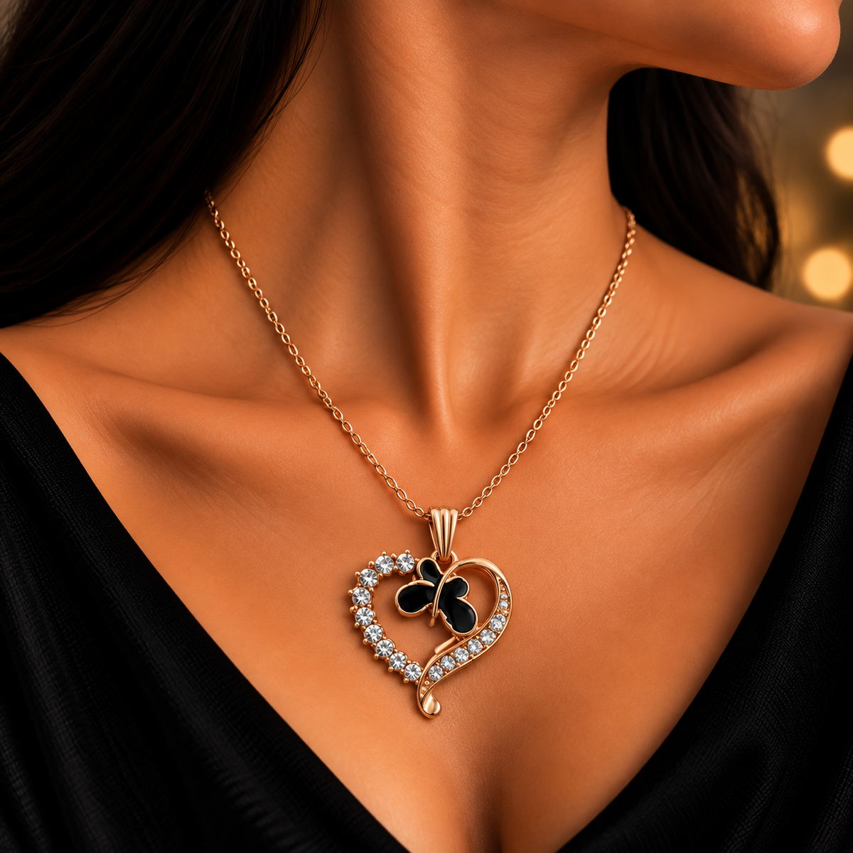 Elegant Black Butterfly Heart Chain Pendant for Girls & Women
