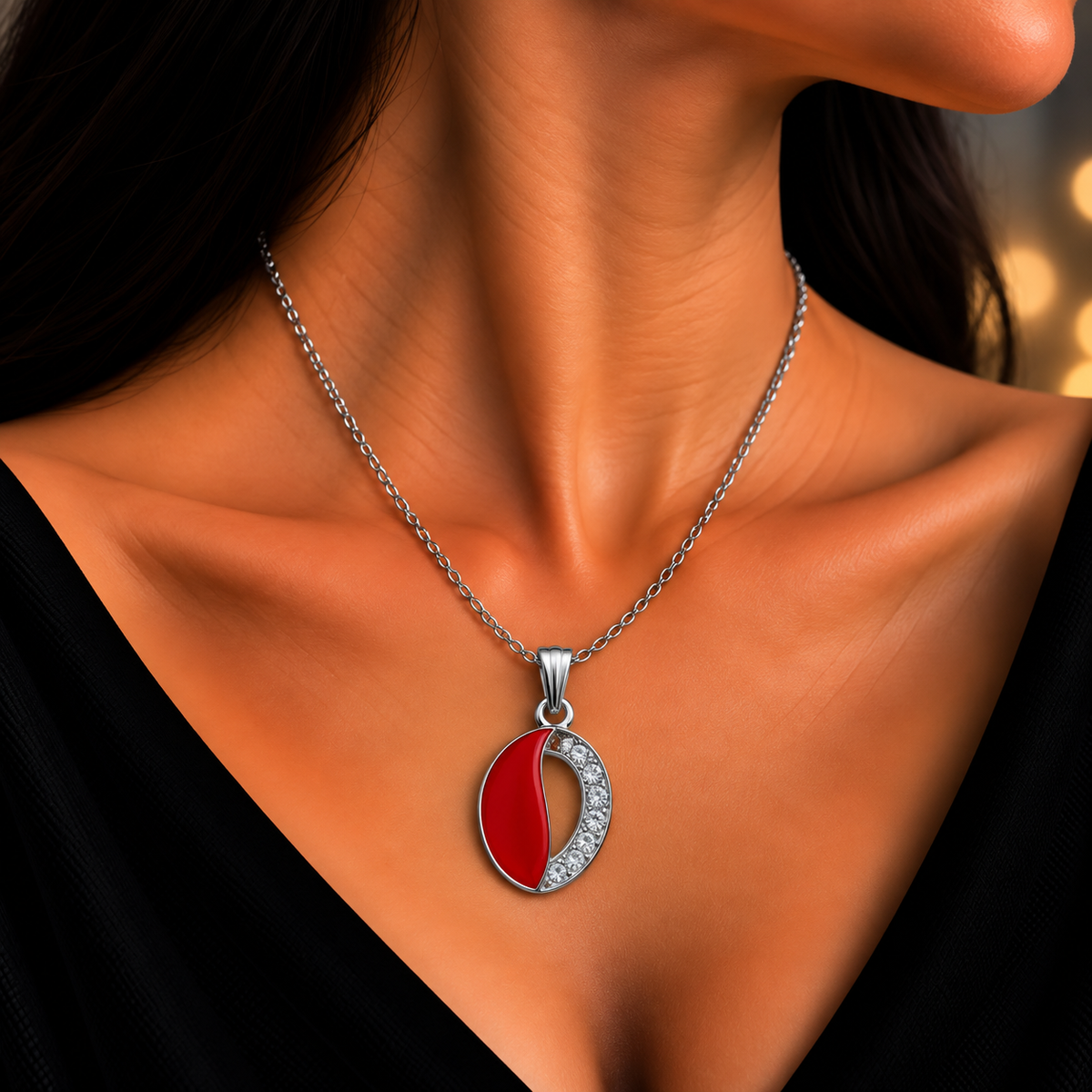 Elegant Red Oval Chain Pendant for Women | Silver-Tone Crystal Pendant
