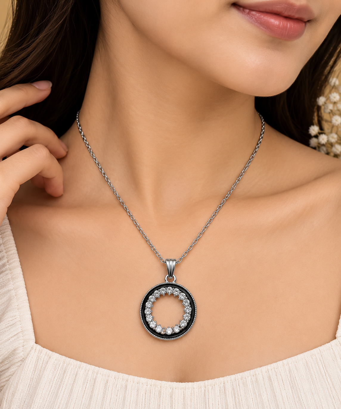 Elegant Black Circle Crystal Chain Pendant for Women | Silver Tone Pendant
