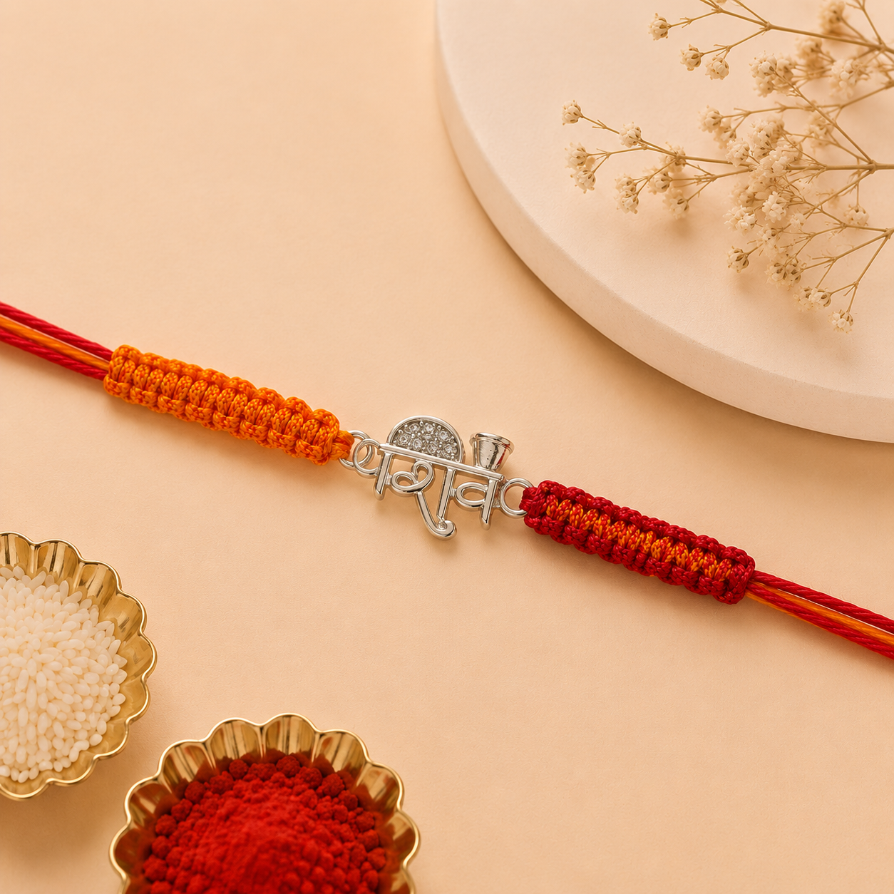Premium Silver Shiv Rakhi with Handwoven Red Orange Thread