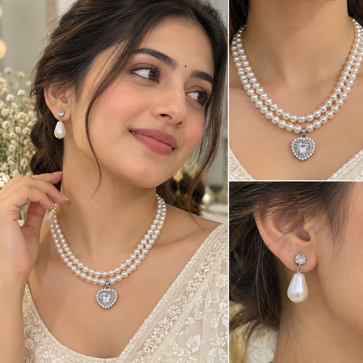 Elegant Pearl Necklace Set with Heart Pendant & Matching Earrings