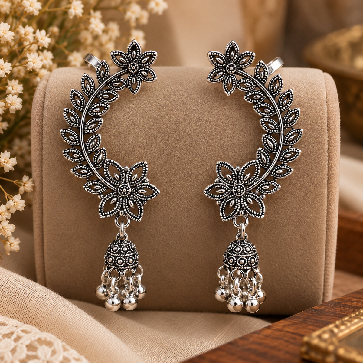 Oxidised Silver Floral Jhumka Earrings for Women | Leaf Design Traditional Earrings