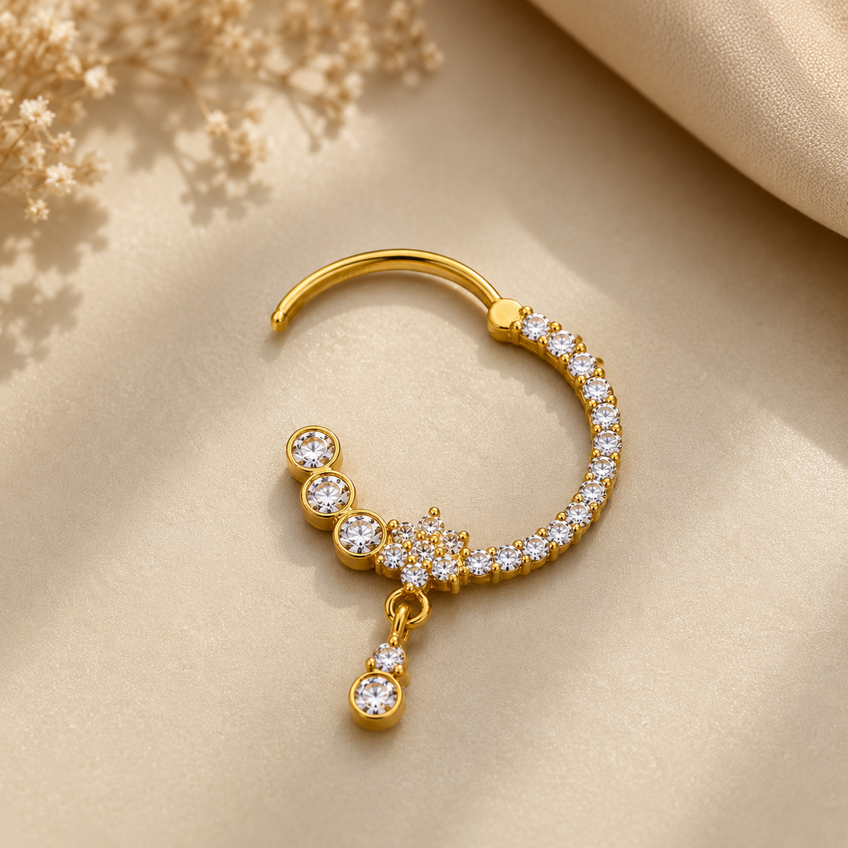 Elegant Gold Crystal Hoop Nose Ring with Drop for Women
