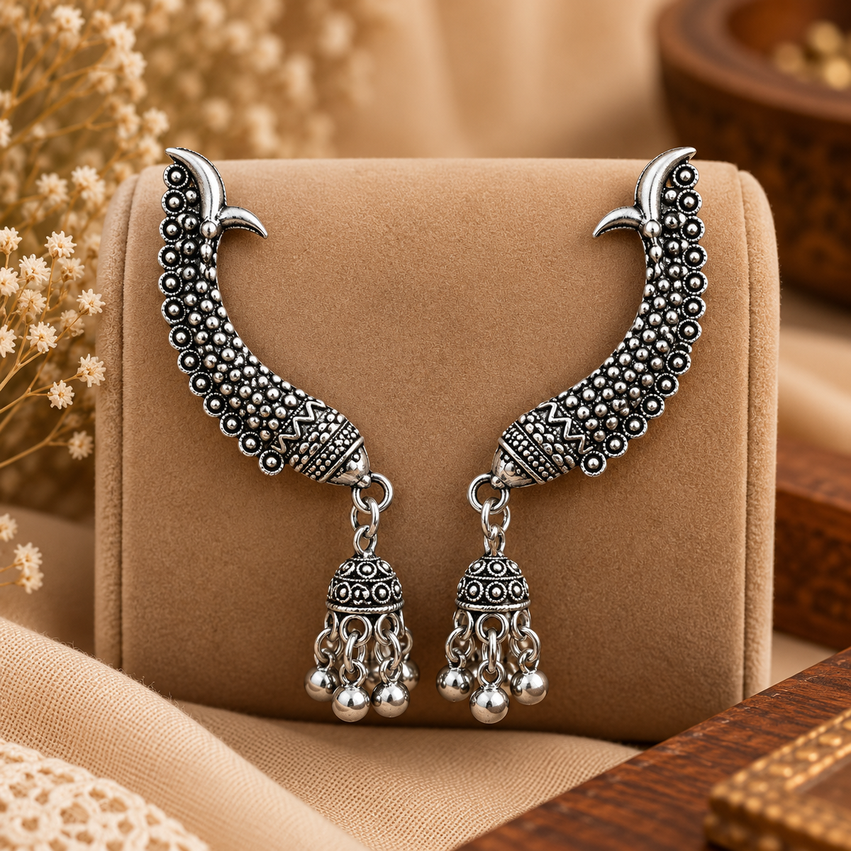 Oxidised Silver Crescent Jhumka Earrings for Women | Traditional Tribal Style Earrings