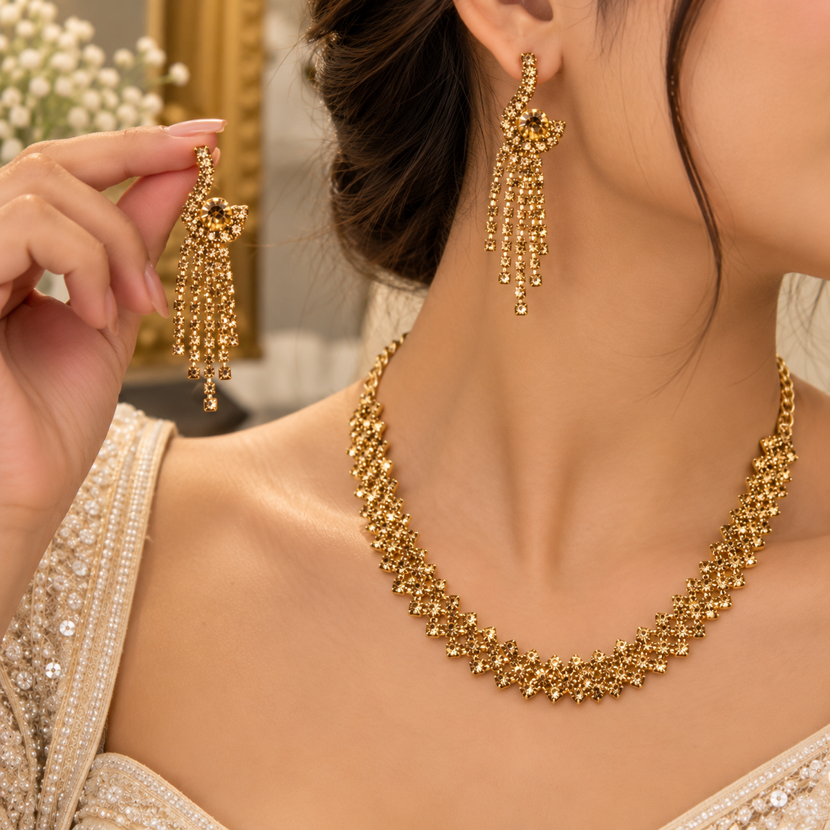 Golden CZ Stone Necklace & Earrings Set – Elegant Party Wear Jewellery