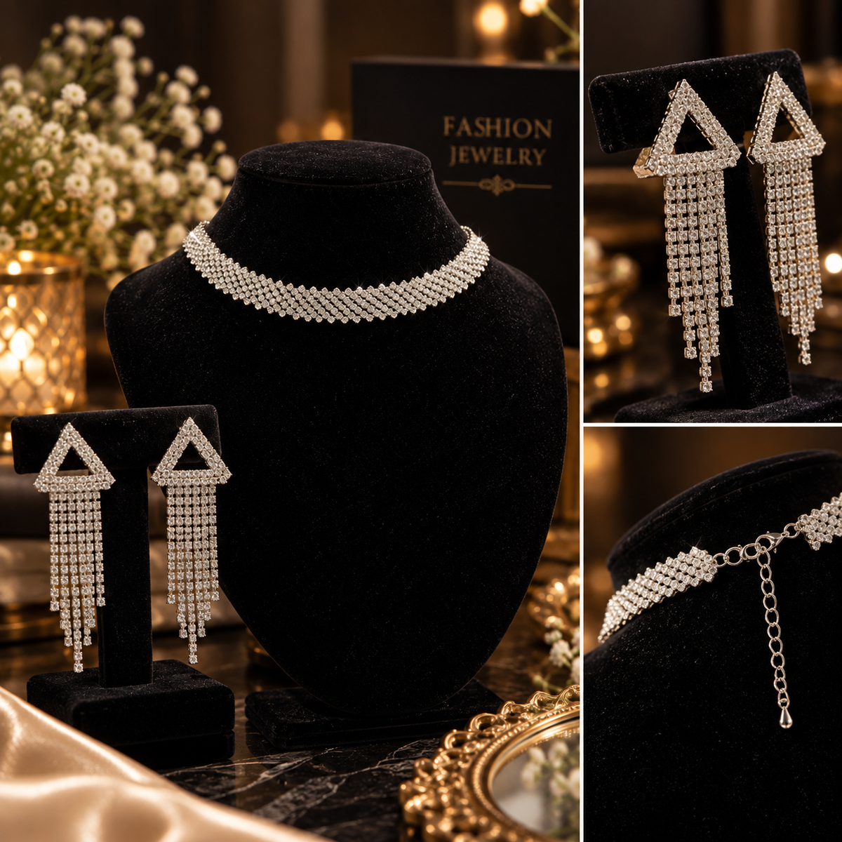 Silver CZ Necklace & Long Drop Earrings Set for Women | Party & Wedding Jewellery