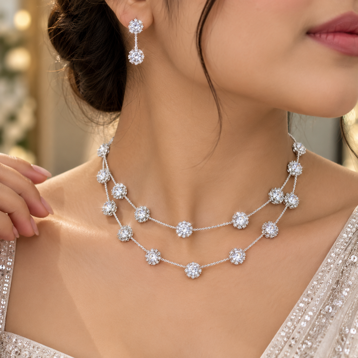 Silver CZ Double Layer Necklace & Earrings Set for Women