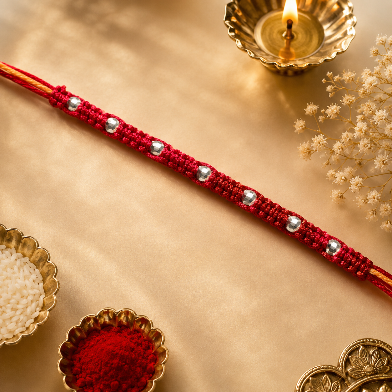 Premium Silver Beaded Rakhi Bracelet with Handwoven Red Thread