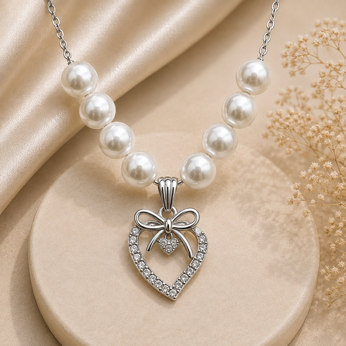 Pearl Bow Heart Pendant Necklace and Earrings Set for Women