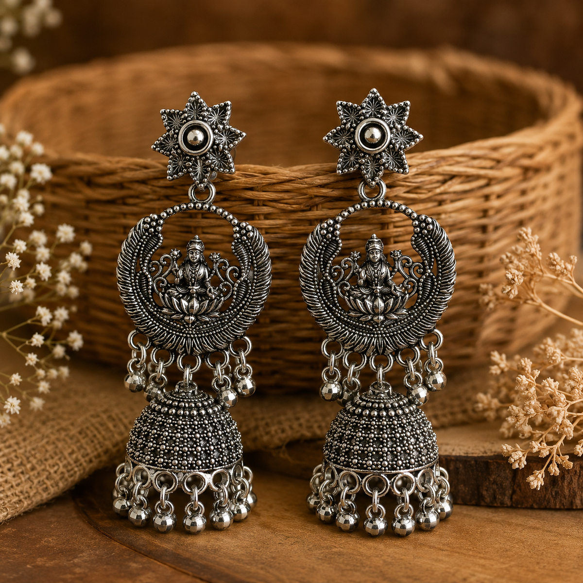 Antique Silver Lakshmi Peacock Jhumka Earrings for Women