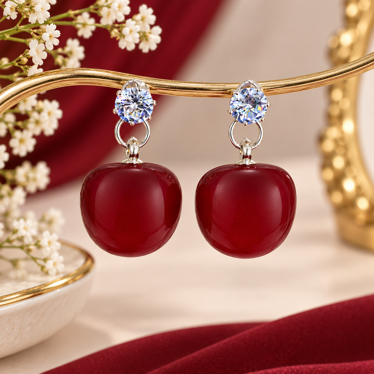 Red Cherry Drop Earrings for Women | Crystal Stud Hanging Earrings | Elegant Party Wear Jewellery