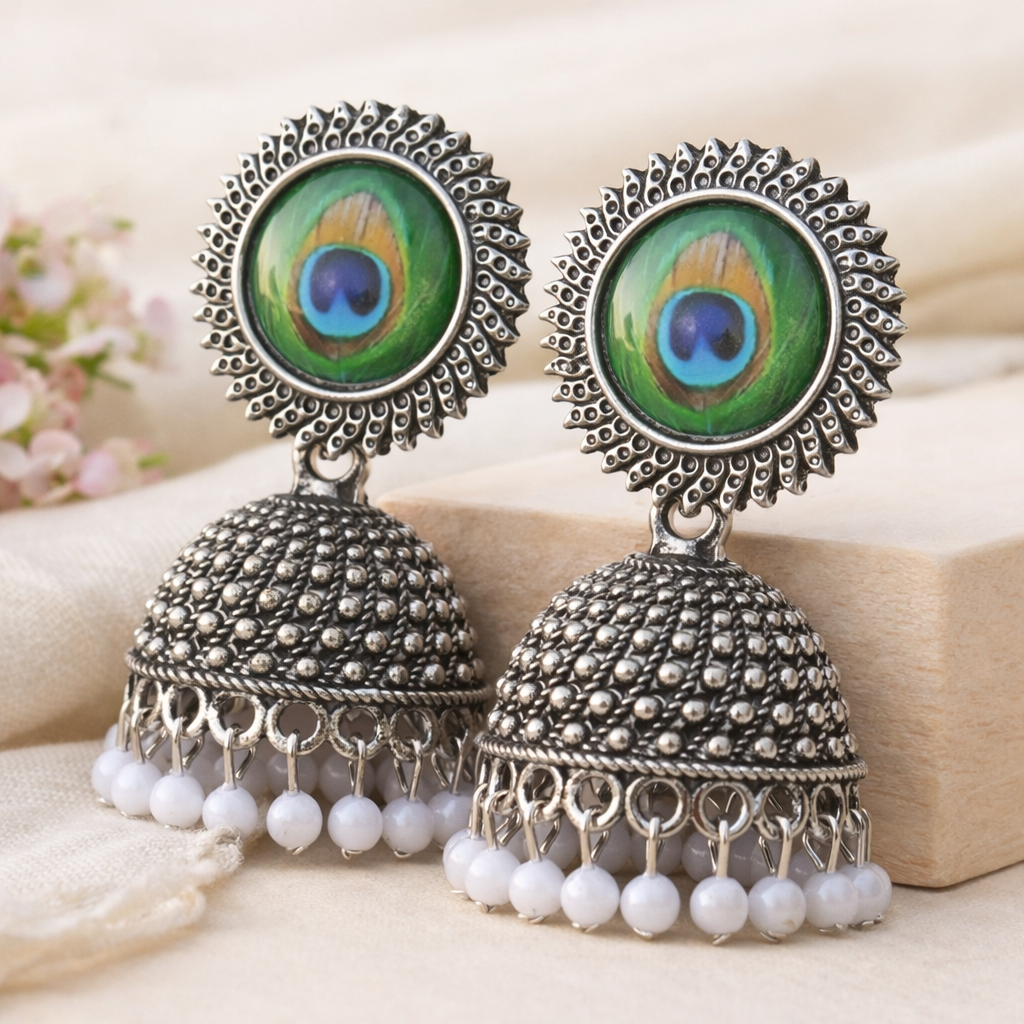 Peacock Oxidised Jhumka Earrings with Pearl Chain for Women