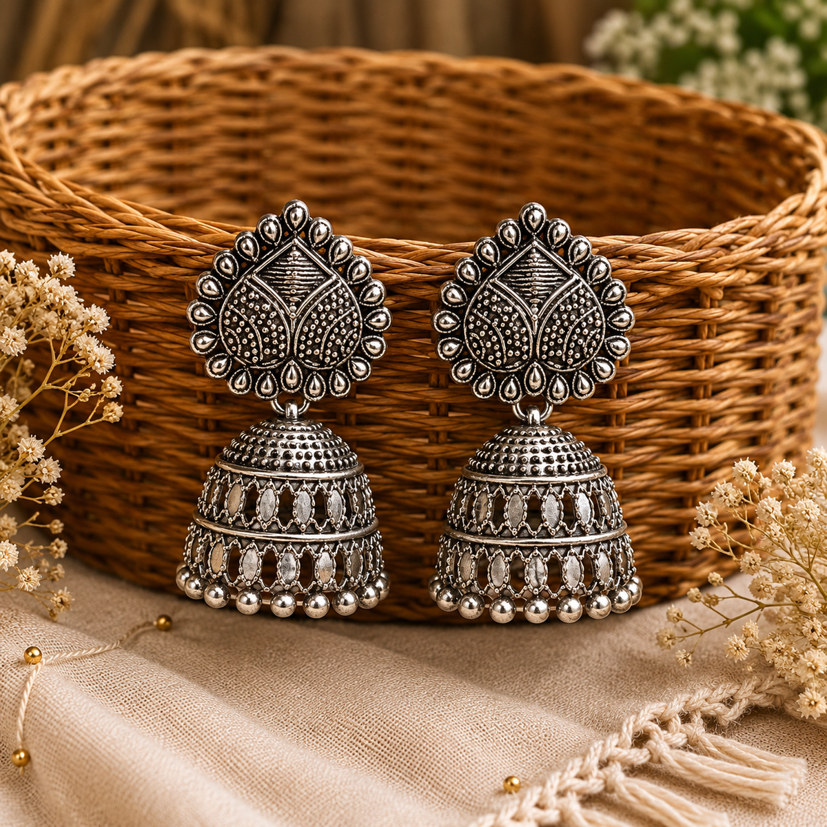 Traditional Oxidized Silver Jhumka Earrings for Women | Ethnic Statement Earrings