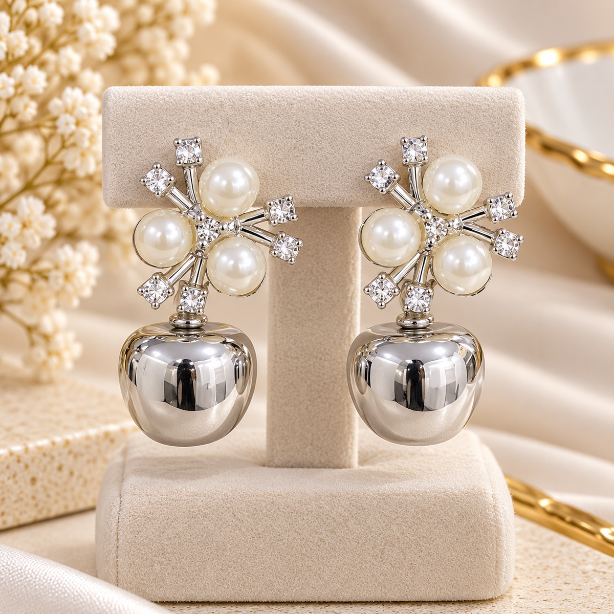 Pearl & Crystal Silver Drop Earrings for Women | Elegant Statement Party Wear Earrings