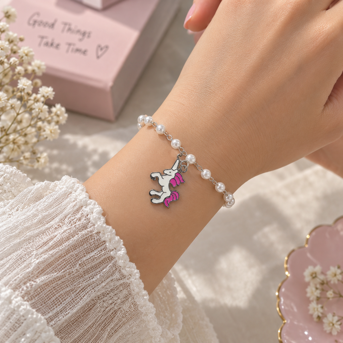 White Pearl Unicorn Charm Bracelet for Girls & Kids | Cute Fashion Bracelet