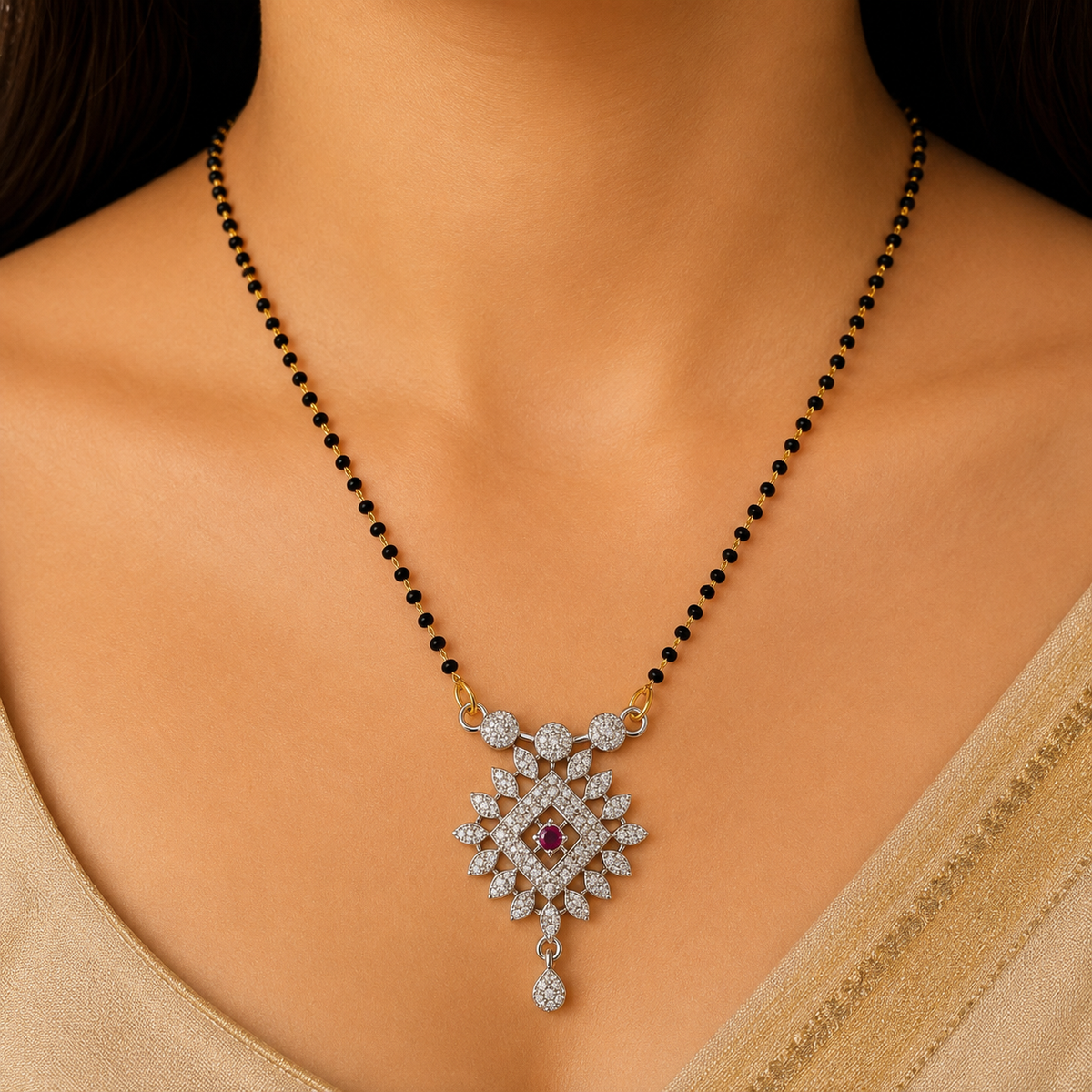 Elegant Black Beaded Ruby Pendant Mangalsutra for Women