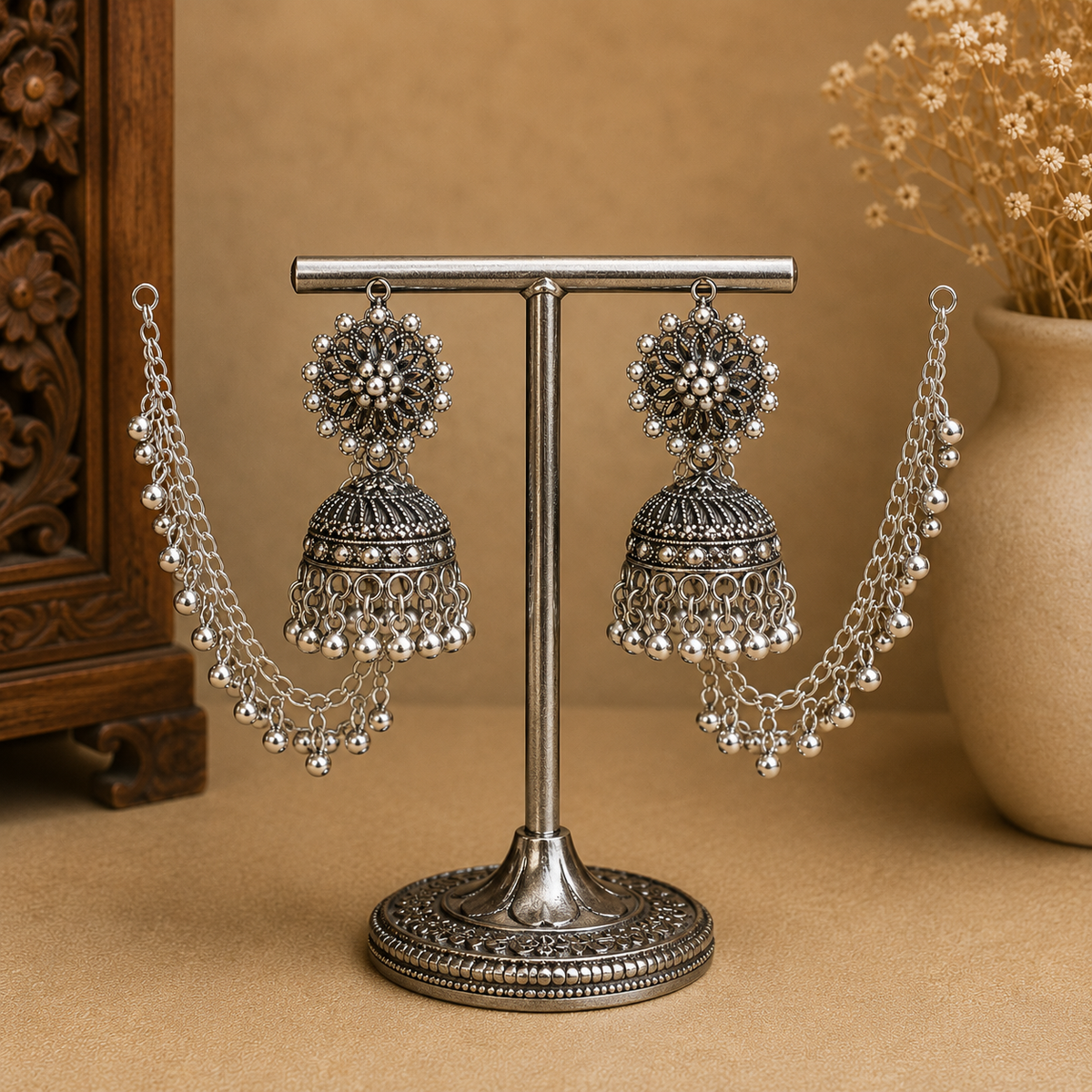 Antique Silver Floral Jhumka Earrings for Women | Traditional Jewellery