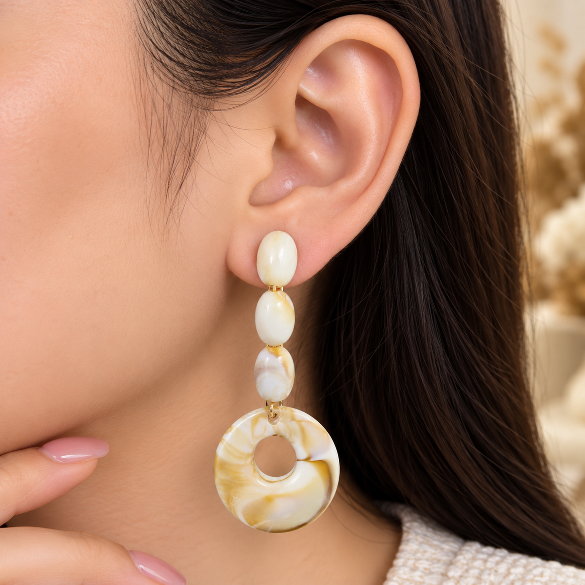 Ivory Marble Ring Drop Earrings for Women | Elegant Beaded Statement Earrings