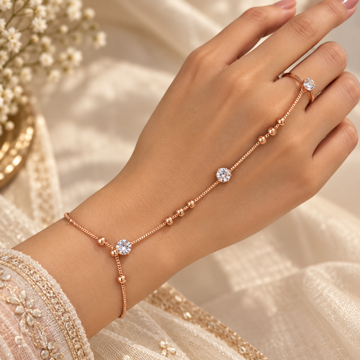 Rose Gold AD Stone Hand Bracelet Ring Combo – Stylish Bracelet with Crystal Ring