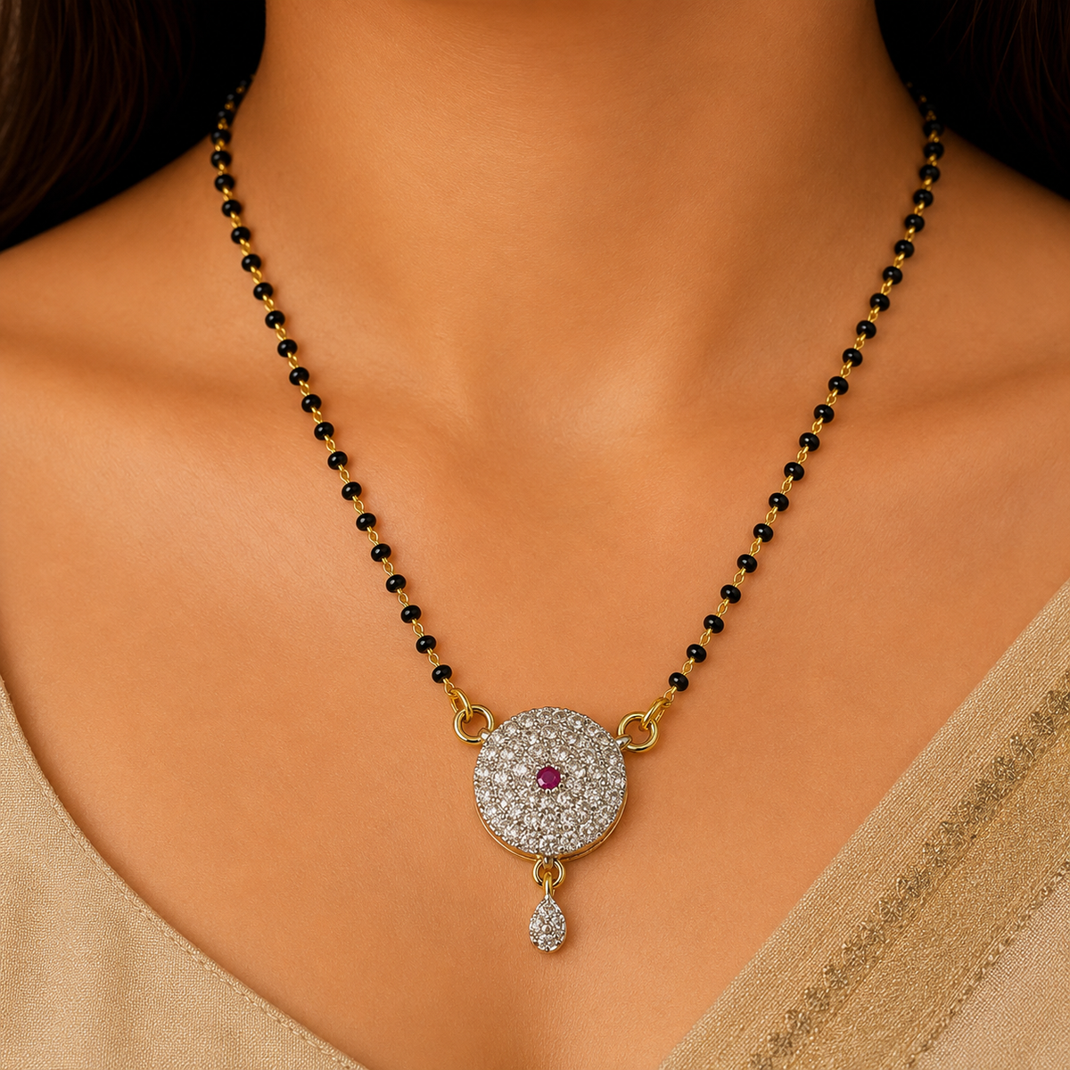 Elegant Black Beaded Ruby Stone Pendant Mangalsutra