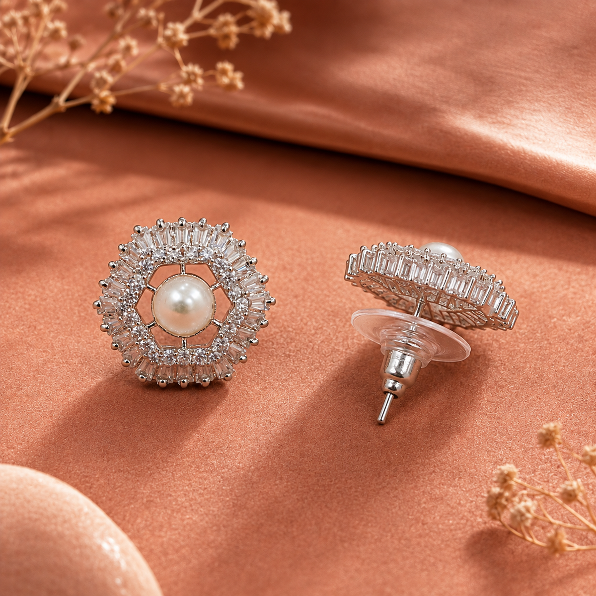 Elegant Pearl Halo Stud Earrings
