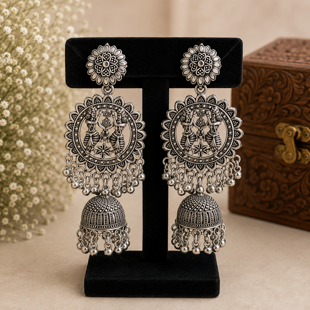 Oxidised Silver Goddess Jhumka Earrings for Women