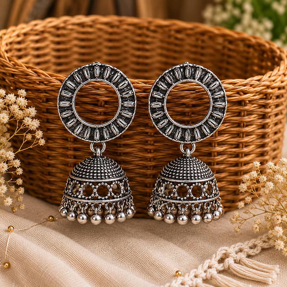 Oxidized Silver Jhumka Earrings for Women | Round Hoop Traditional Ethnic Earrings