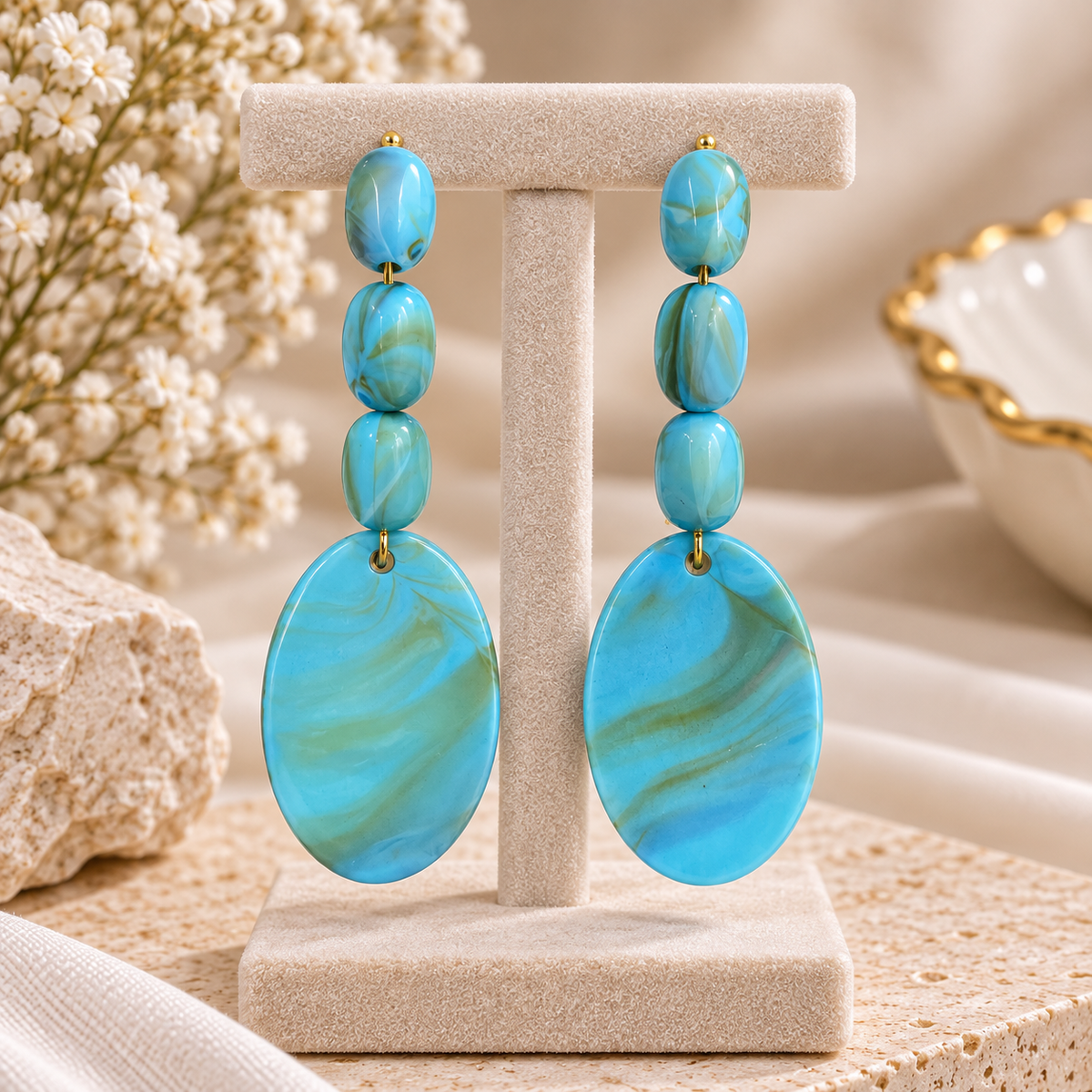 Aqua Blue Statement Drop Earrings for Women | Turquoise Oval Bead Dangle Earrings