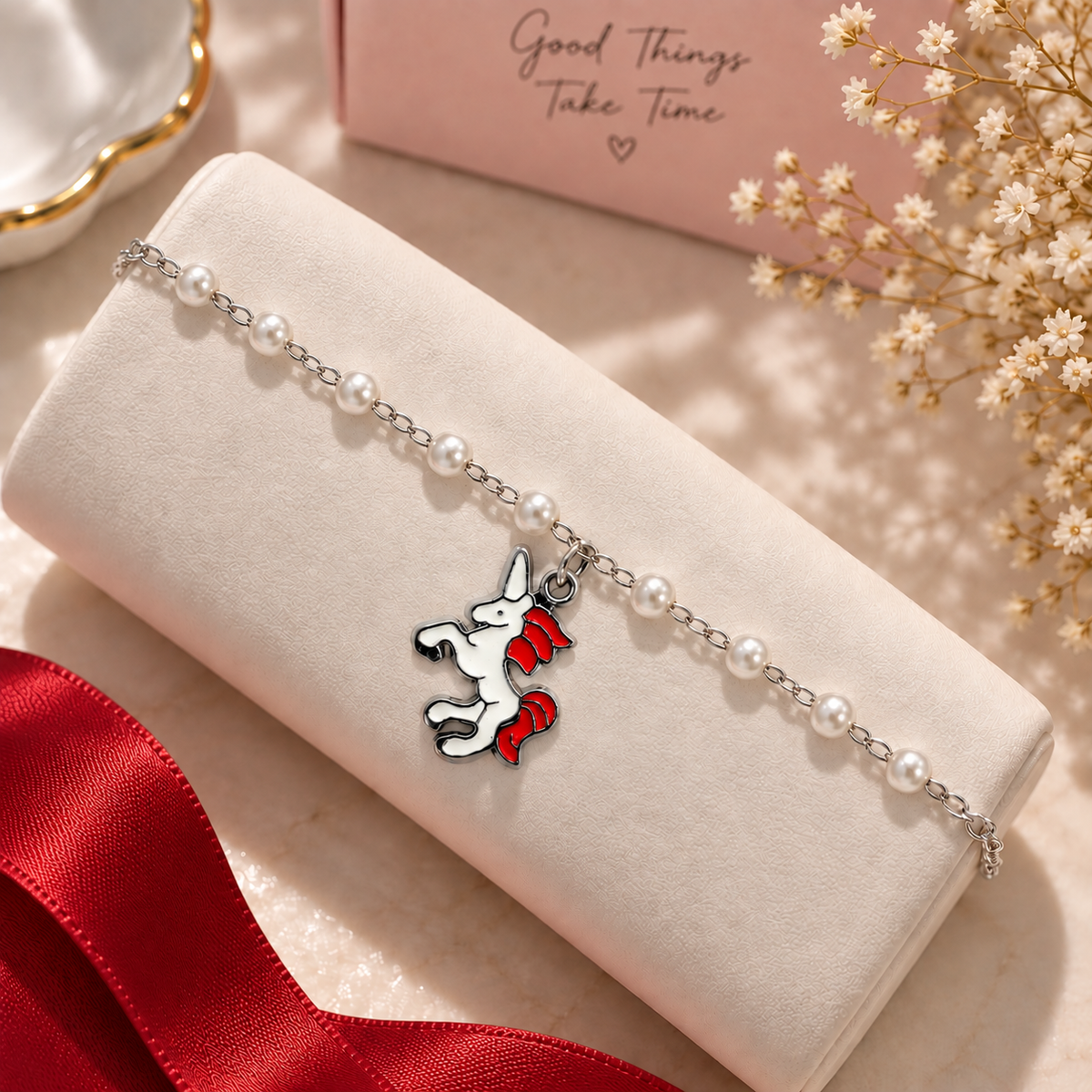 Pearl Unicorn Charm Bracelet for Girls & Women – Red Unicorn Pendant