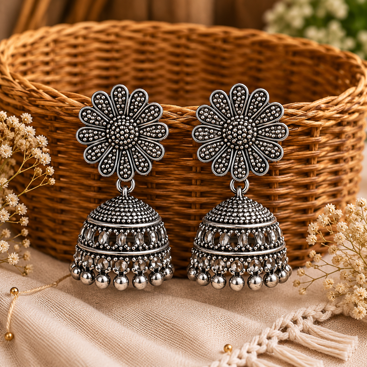 Oxidised Silver Floral Jhumka Earrings for Women | Traditional Dangle Earrings