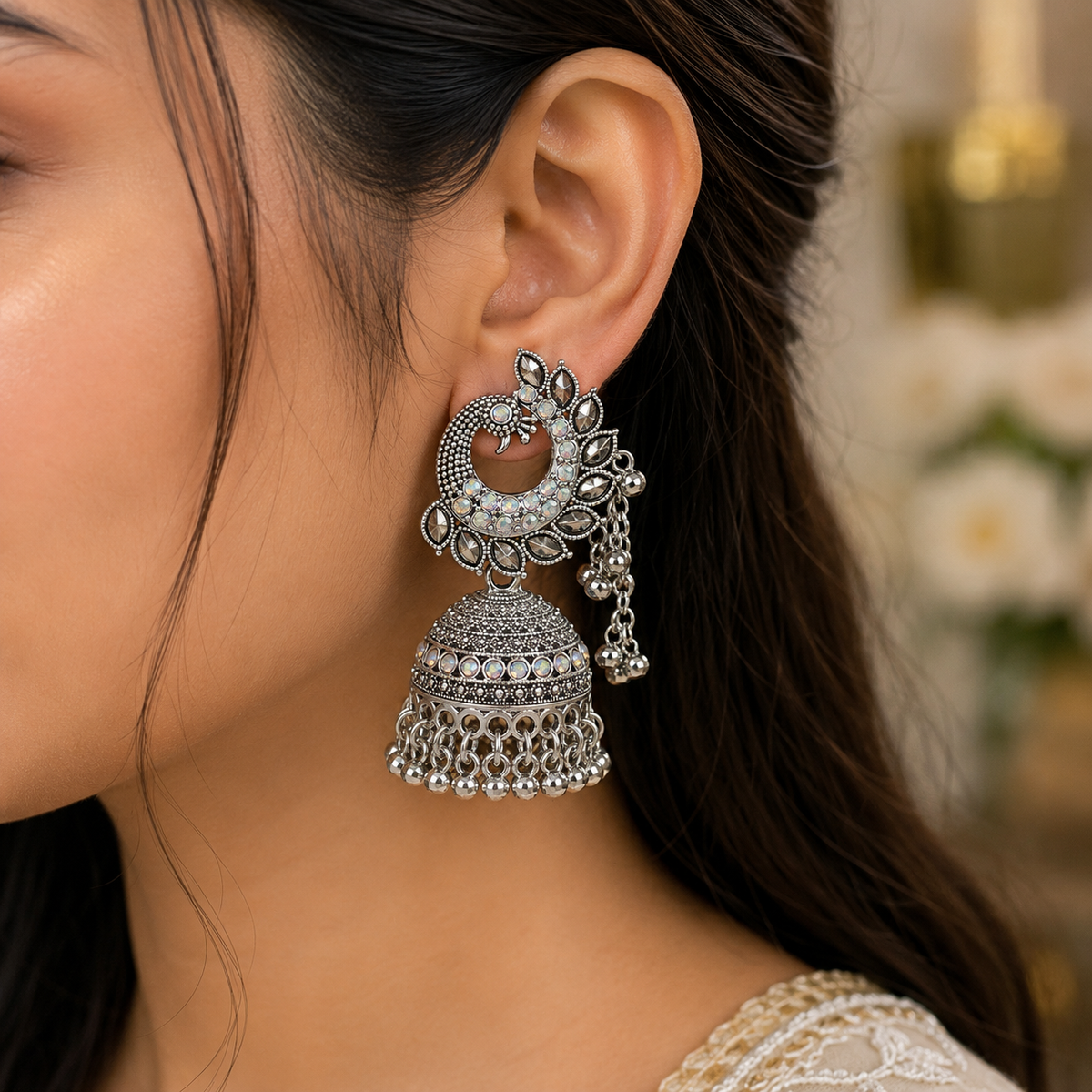 Silver Multicolor Stone Oxidised Jhumka Earrings with Chain