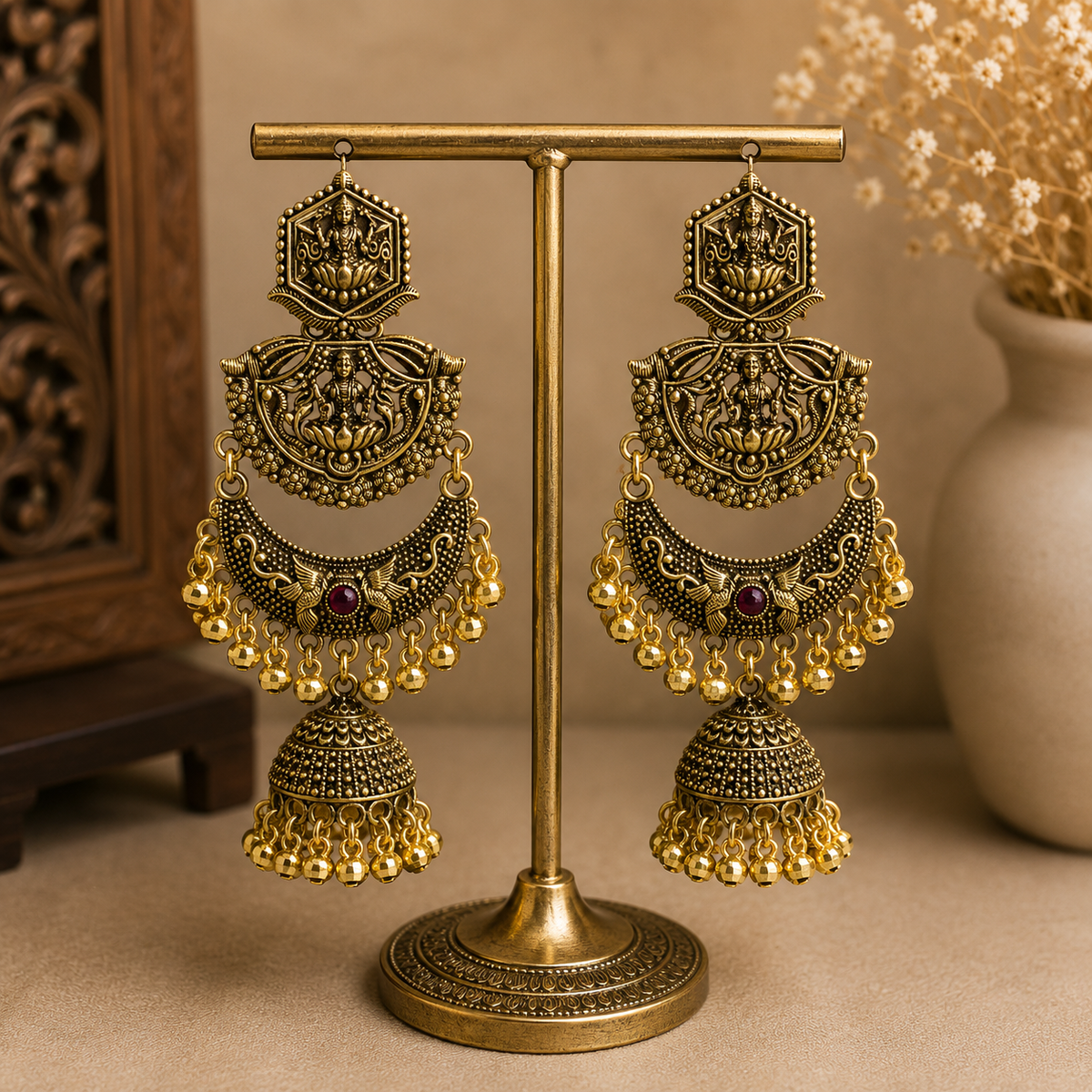 Antique Gold Lakshmi Temple Jhumka Earrings for Women