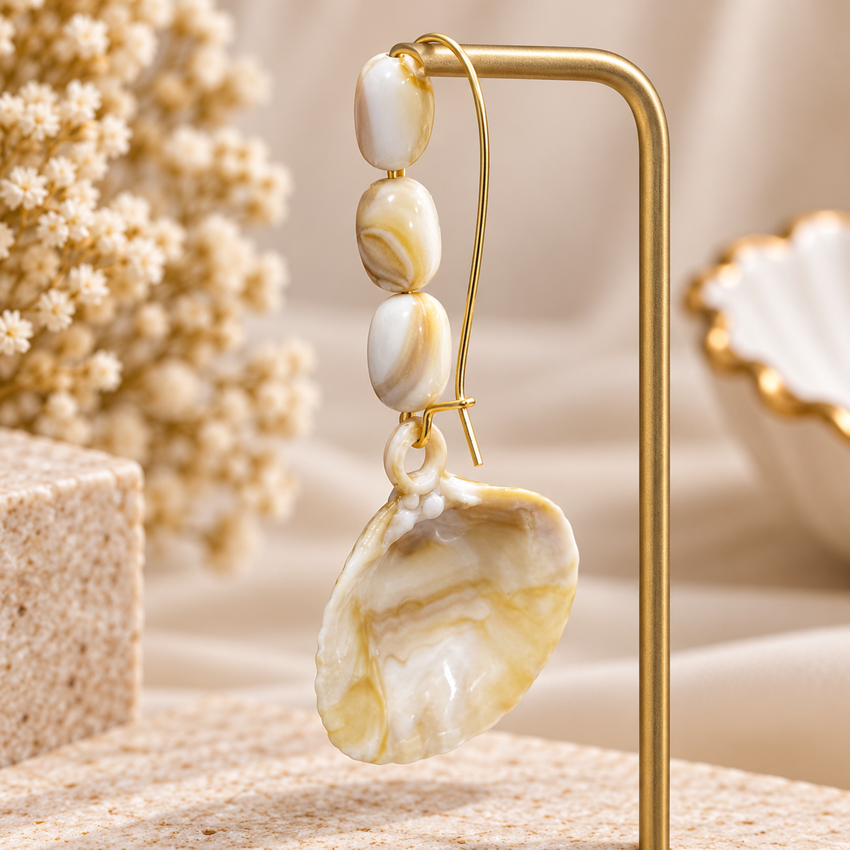 Shell Drop Earrings for Women | White & Golden Pearl Shell Dangle Earrings