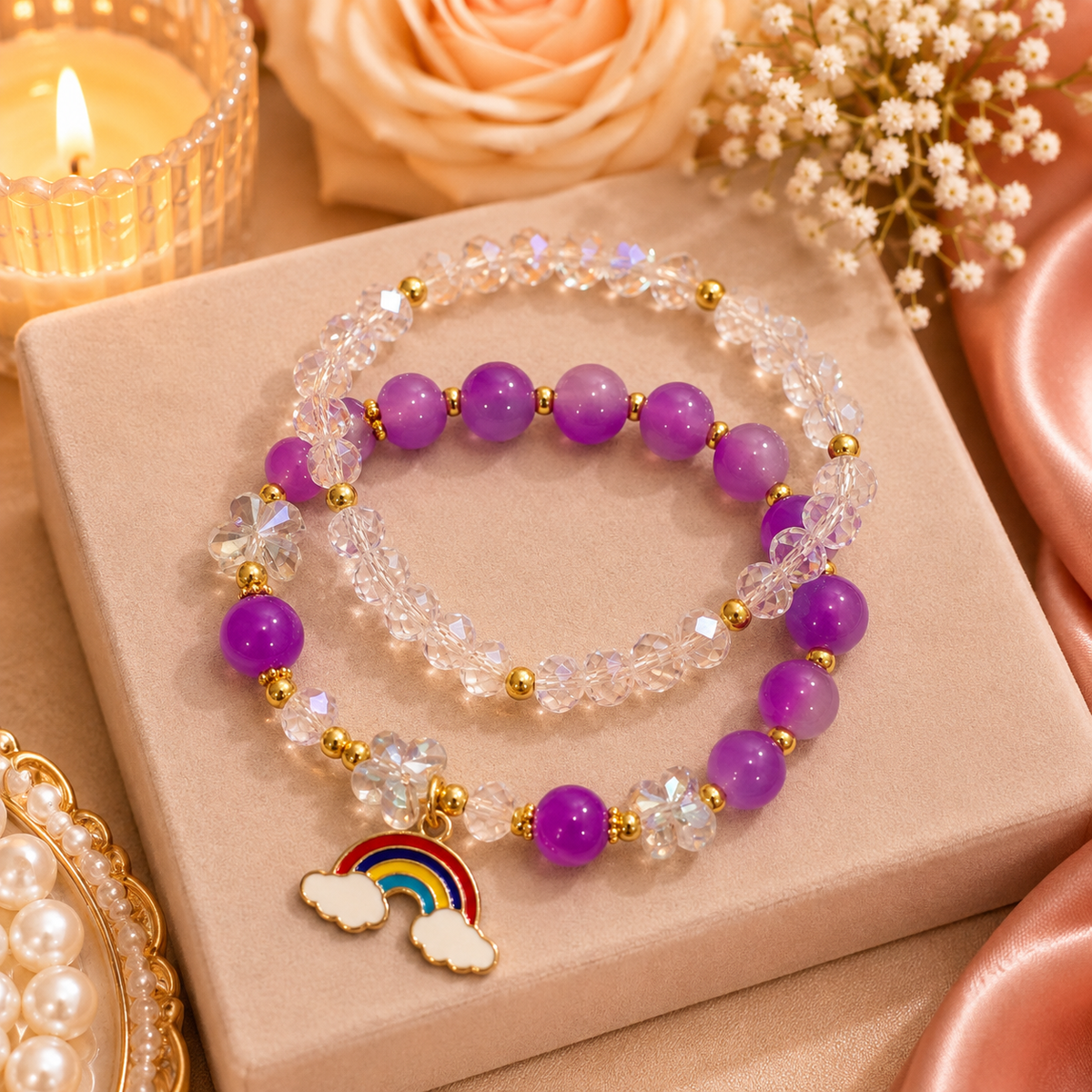 Purple Rainbow Charm Beaded Bracelet