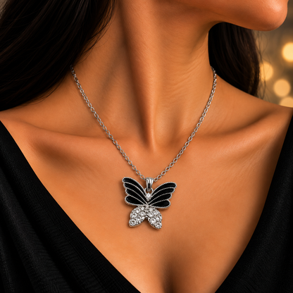 Elegant Black Butterfly Charm Chain Pendant for Girls & Women | Silver-Tone Butterfly Pendant