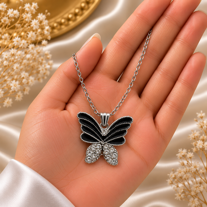 Elegant Black Butterfly Charm Chain Pendant for Girls & Women | Silver-Tone Butterfly Pendant