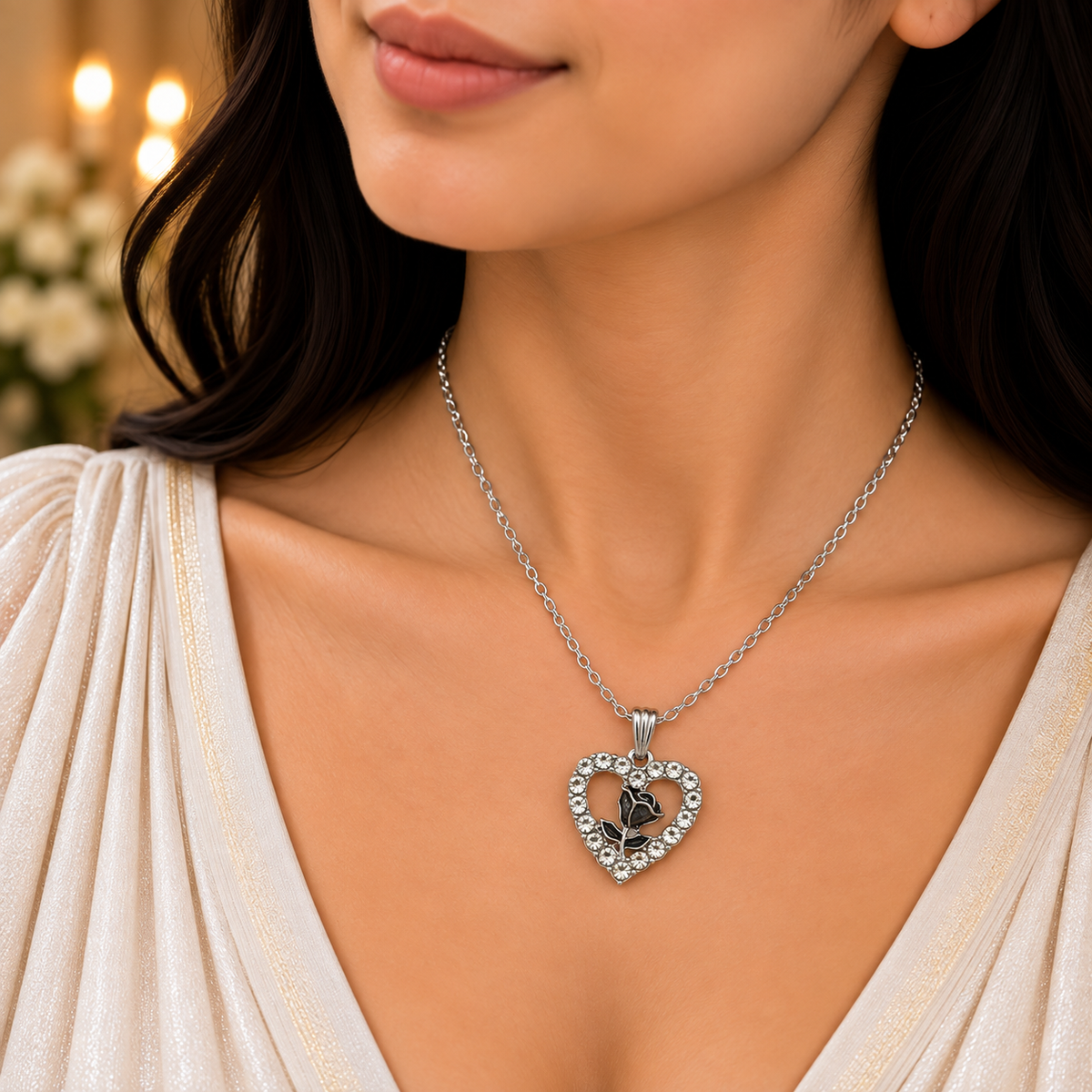 Elegant Heart Rose Charm Chain Pendant for Women | Silver Heart Pendant with Crystal Detailing