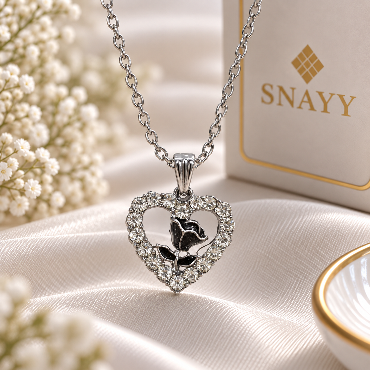 Elegant Heart Rose Charm Chain Pendant for Women | Silver Heart Pendant with Crystal Detailing