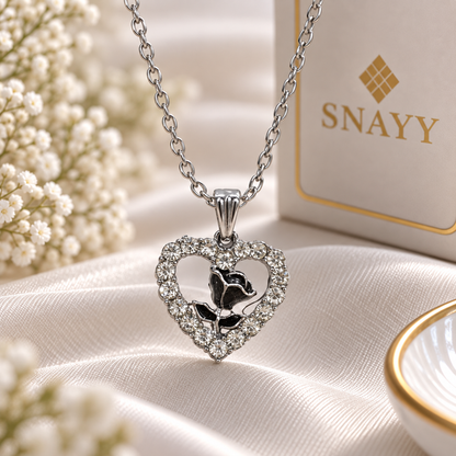 Elegant Heart Rose Charm Chain Pendant for Women | Silver Heart Pendant with Crystal Detailing