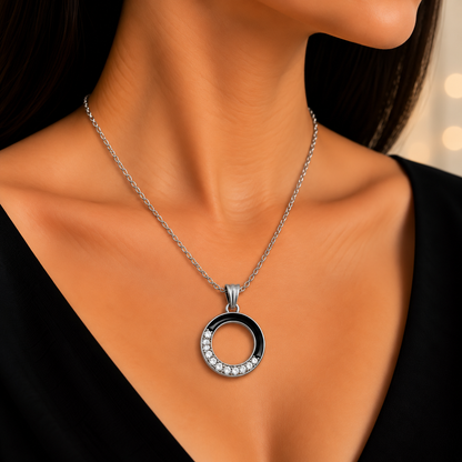 Elegant Black Circle Chain Pendant for Women | Silver-Tone Crystal Pendant