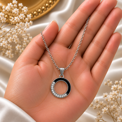 Elegant Black Circle Chain Pendant for Women | Silver-Tone Crystal Pendant