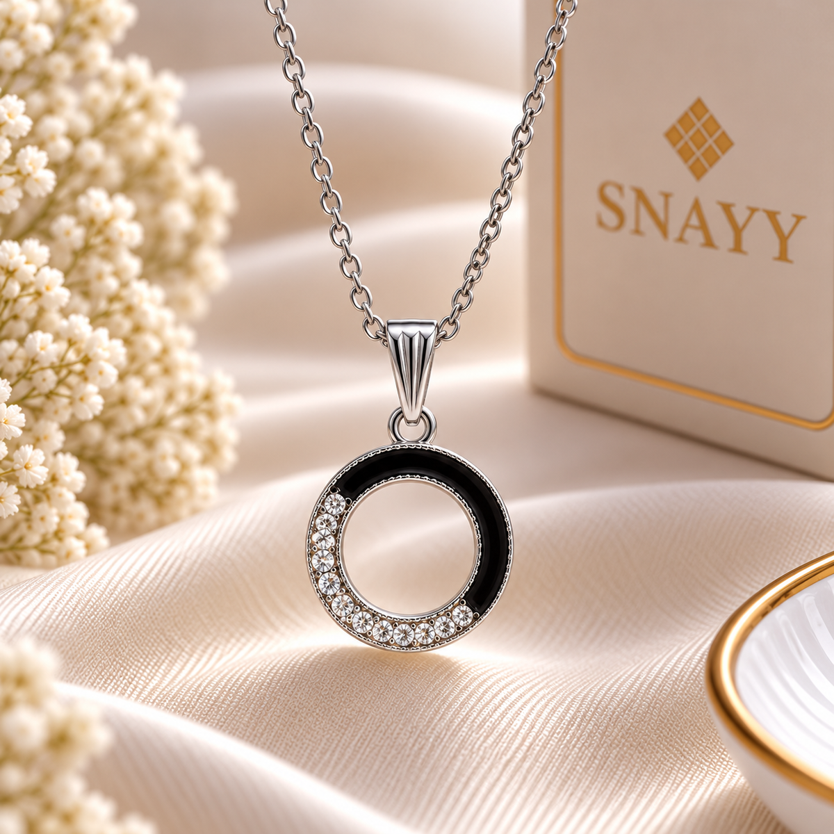 Elegant Black Circle Chain Pendant for Women | Silver-Tone Crystal Pendant