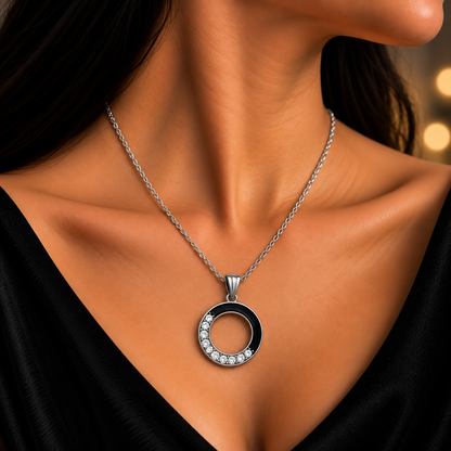 Elegant Black Circle Chain Pendant for Women | Silver-Tone Crystal Pendant