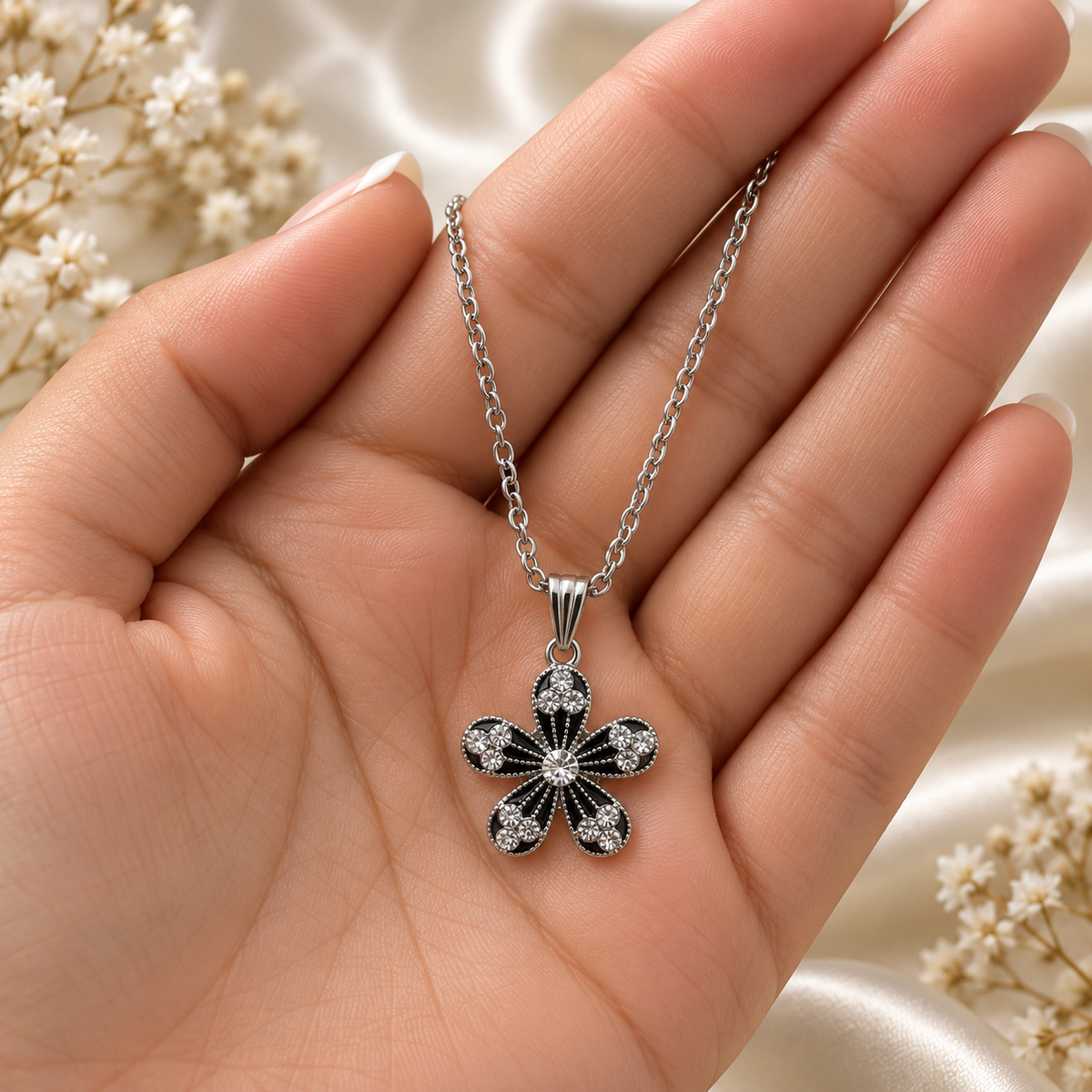 Elegant Black Floral Crystal Chain Pendant for Girls & Women