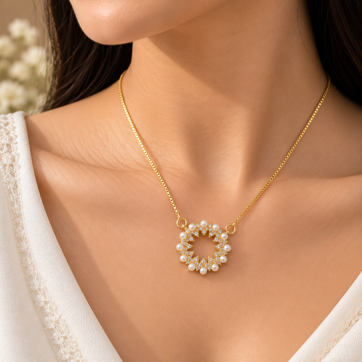 Elegant Pearl Circle Chain Pendant for Women | Gold Finish Pendant