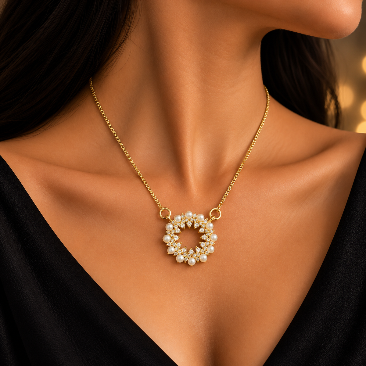 Elegant Pearl Circle Chain Pendant for Women | Gold Finish Pendant