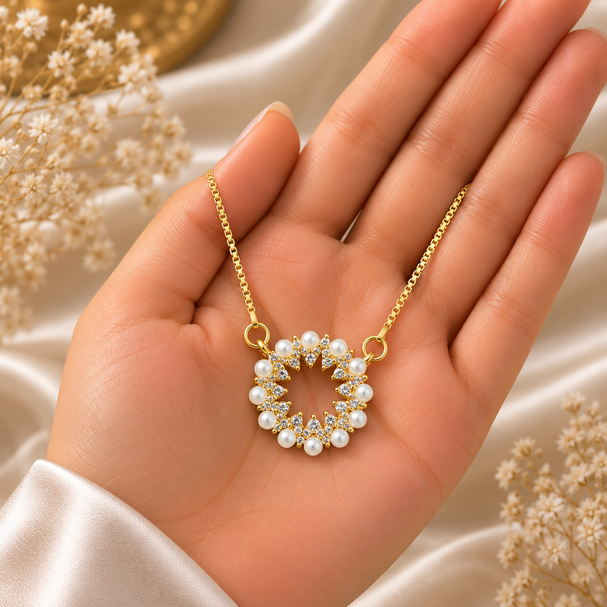 Elegant Pearl Circle Chain Pendant for Women | Gold Finish Pendant