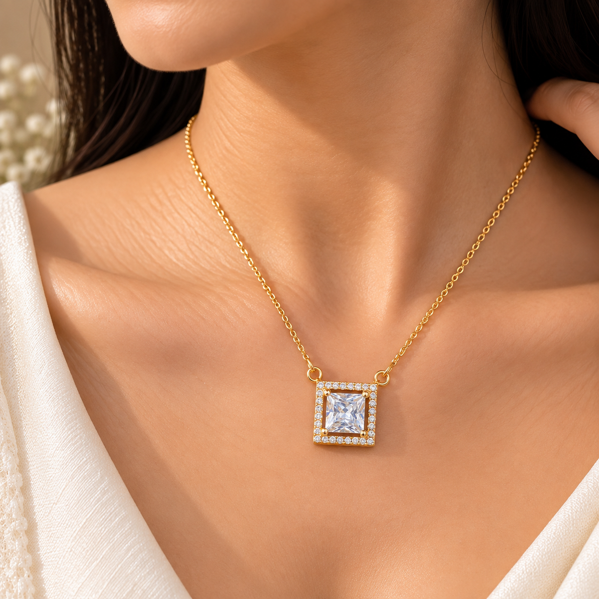 Elegant Gold Square Pendant Chain for Women | CZ Designer Chain Pendant
