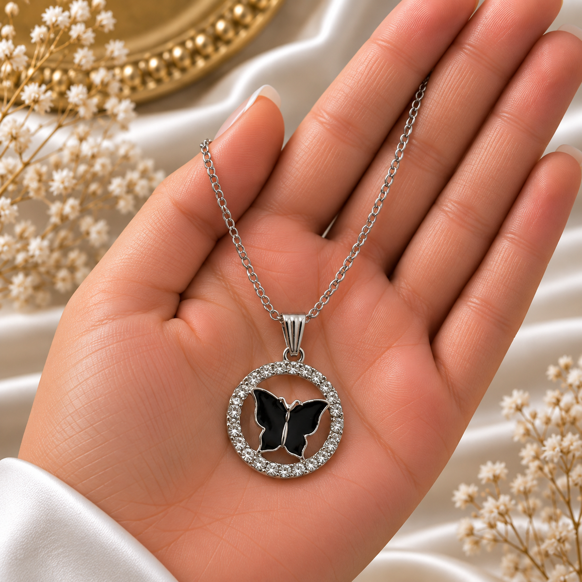 Black Butterfly Chain Pendant for Women | Silver Crystal Butterfly Pendant